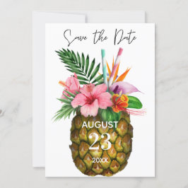 Tropische Hawaïaanse bloemen en ananas geel Save The Date