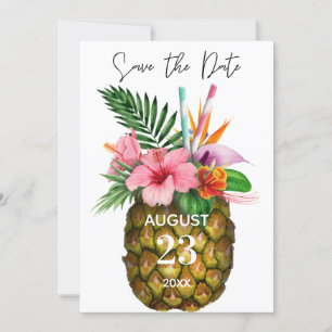 Tropische Hawaïaanse bloemen en ananas geel Save The Date