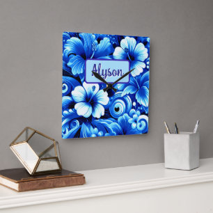 Tropische Hawaiaanse Bloemen Hibiscus Gepersonalis Vierkante Klok