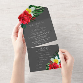 Tropische Hawaiaanse Bloemen op Elegant Grijs All In One Uitnodiging