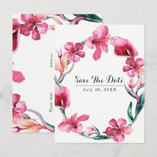 Tropische Hawaiaanse Bloemen Trouw Save the Date Aankondigingskaart (Voorkant / Achterkant)
