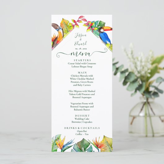 Tropische Hawaïaanse Bloemenvogels Bruiloft Menu (Staand voorkant)