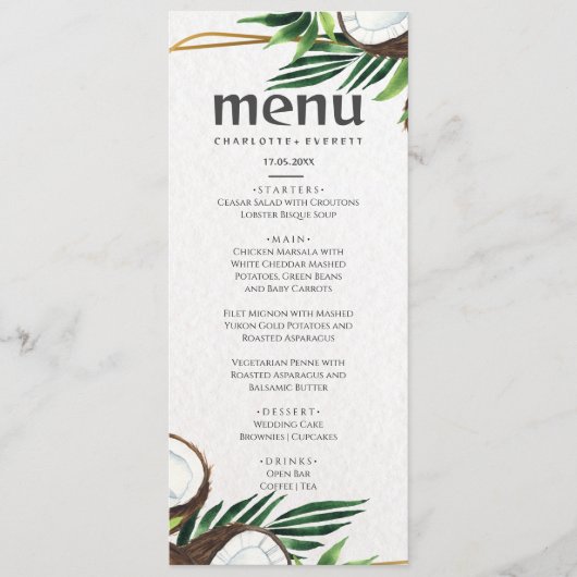 Tropische Hawaïaanse Kokosnoot bruiloft Menu (Voorkant)