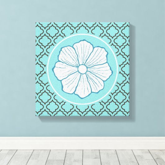 Tropische Hawaïaanse Turquoise Bloemenmuur Kunst G Canvas Afdruk (Insitu (Houten vloer))