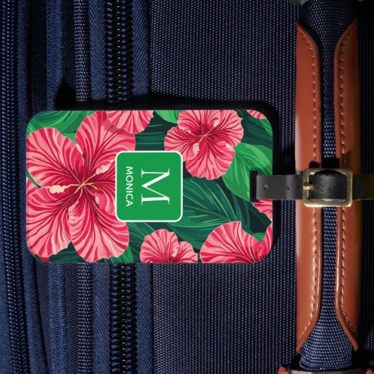 Tropische Hawaii Hibiscus palmbladeren Monogram Bagagelabel (Voorkant Insitu 4)