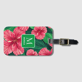 Tropische Hawaii Hibiscus palmbladeren Monogram Bagagelabel