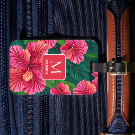 Tropische Hawaii Hibiscus Palmbladeren Rood Monogr Bagagelabel