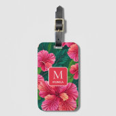 Tropische Hawaii Hibiscus palmbladeren rood monogr Bagagelabel (Voorkant (verticaal))
