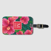 Tropische Hawaii Hibiscus palmbladeren rood monogr Bagagelabel (Voorkant (horizontaal))