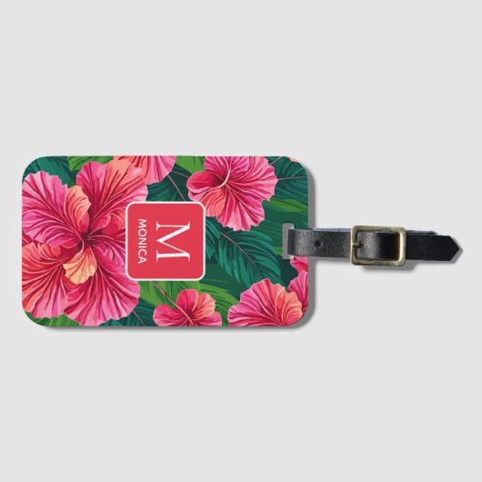 Tropische Hawaii Hibiscus palmbladeren rood monogr Bagagelabel (Voorkant (horizontaal))