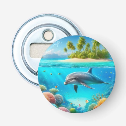 Tropische/Hawaii kleurrijke onderwater dolfijn Button Flesopener (Voorkant)