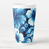 Tropische Hawaiiaanse bloemen Hibiscus blauw patro Latte Mok (Voorkant)