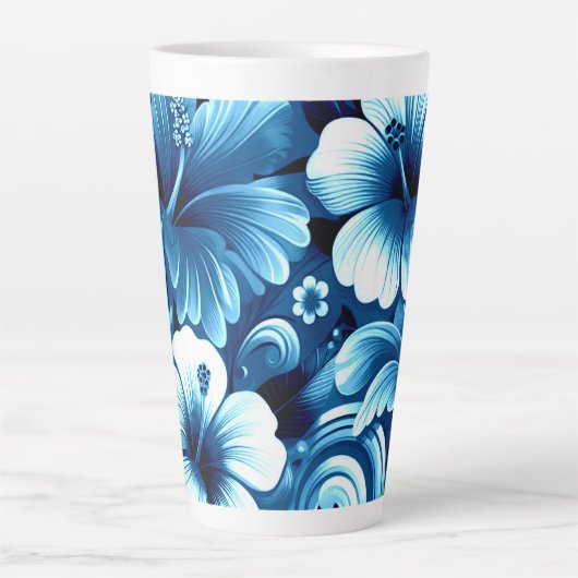 Tropische Hawaiiaanse bloemen Hibiscus blauw patro Latte Mok (Voorkant)