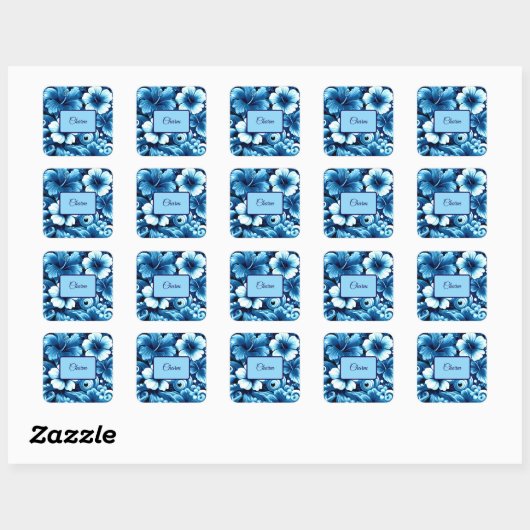 Tropische Hawaiiaanse bloemen Hibiscus blauw patro Vierkante Sticker (Vel)