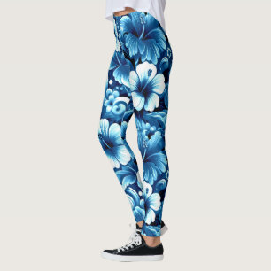 Tropische Hawaiiaanse bloemen Hibiscus blauw wit Leggings