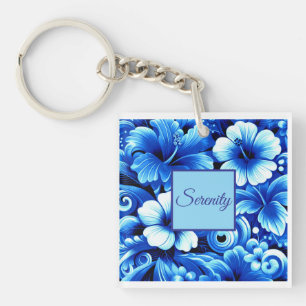 Tropische Hawaiiaanse bloemen Hibiscus kobalt blau Sleutelhanger
