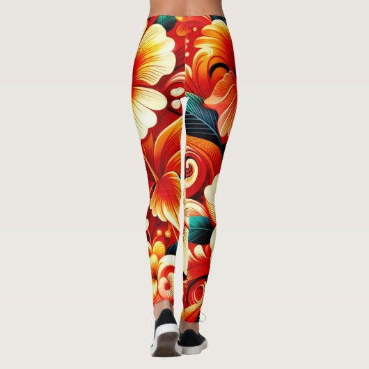 Tropische Hawaiiaanse bloemen Hibiscus Sinaasappel Leggings (Achterkant)