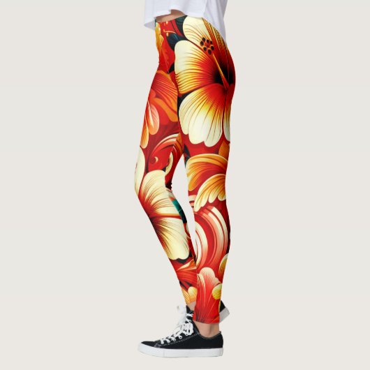 Tropische Hawaiiaanse bloemen Hibiscus Sinaasappel Leggings (Links)
