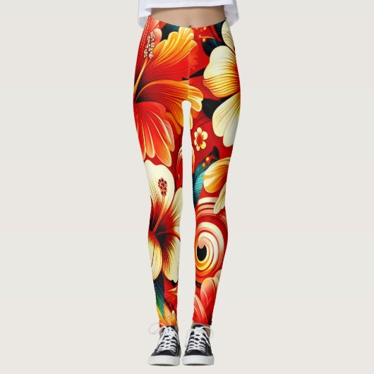 Tropische Hawaiiaanse bloemen Hibiscus Sinaasappel Leggings (Voorkant)