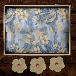 Tropische Hawaiiaanse gele hibiscusbloemen op blau Tissuepapier