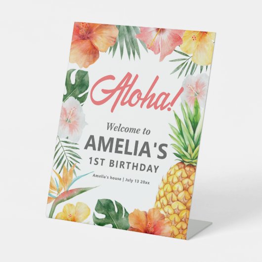 Tropische Hawaiiaanse verjaardagsfeest welkomstbor Reclamebord Met Voetstuk (Voorkant)