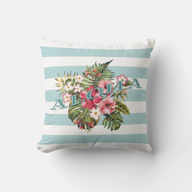 Tropische Hawaiian Aloha Floral & Aqua Stripe Kussen (Voorkant)
