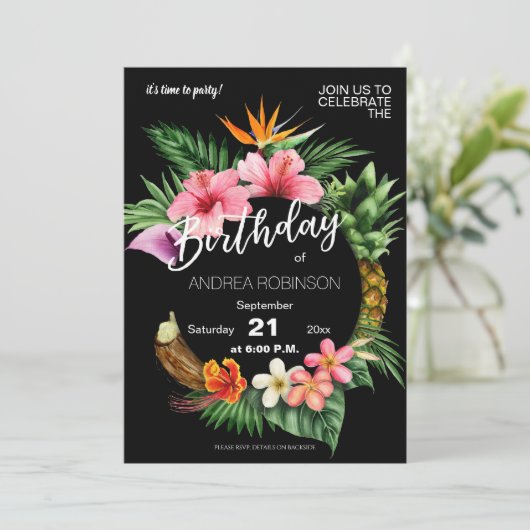 Tropische Hawaiian Floral Birthday Party - Black Kaart (Staand voorkant)
