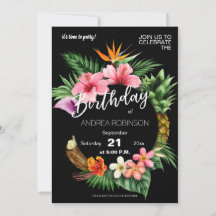 Tropische Hawaiian Floral Birthday Party - Black