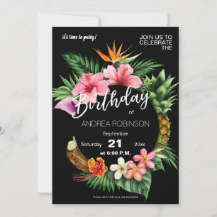 Tropische Hawaiian Floral Birthday Party - Black Kaart