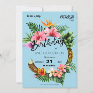Tropische Hawaiian Floral Birthday Party Light Blu Kaart