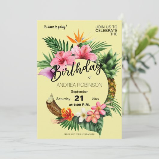 Tropische Hawaiian Floral Birthday Party Yellow Kaart (Staand voorkant)
