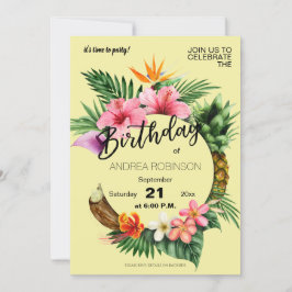 Tropische Hawaiian Floral Birthday Party Yellow Kaart