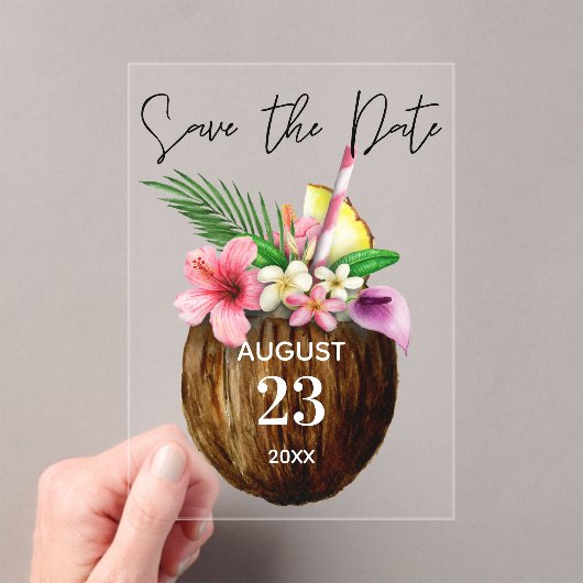 Tropische Hawaiian Floral & Coconut Save the Date Acryl Uitnodigingen (Insitu (Draagbaar))