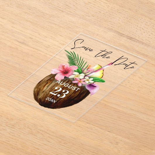 Tropische Hawaiian Floral & Coconut Save the Date Acryl Uitnodigingen (Laagn)