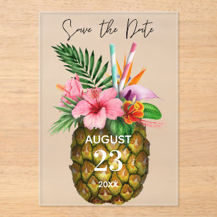 Tropische Hawaiian Floral & Pineapple Save the Dat Acryl Uitnodigingen