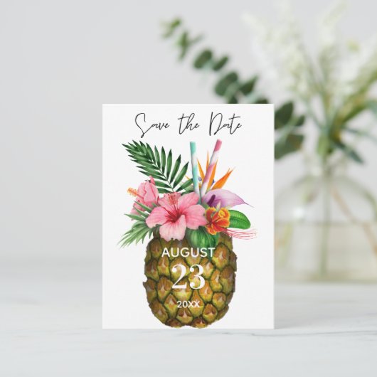 Tropische Hawaiian Floral & Pineapple Save the Dat Briefkaart (Staand voorkant)
