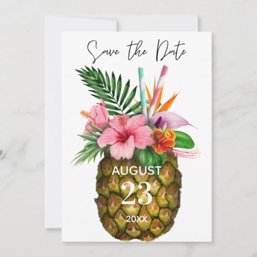 Tropische Hawaiian Floral & Pineapple Save the Dat Date (Voorkant)