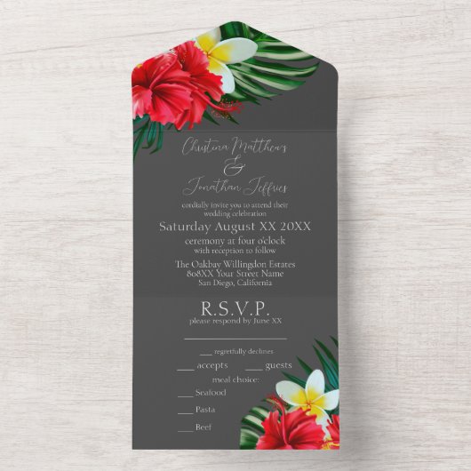 Tropische Hawaiian Flowers op Elegant Grau All In One Uitnodiging (Binnen)