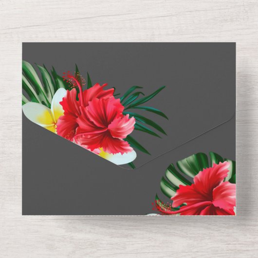Tropische Hawaiian Flowers op Elegant Grau All In One Uitnodiging (Achterkant)