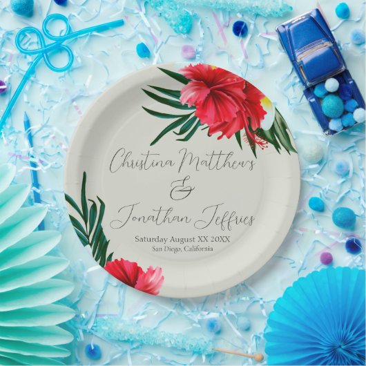 Tropische Hawaiian Flowers op Elegant Sage Green Papieren Bordje (Feest)