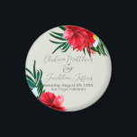 Tropische Hawaiian Flowers op Elegant Sage Wedding Magneet<br><div class="desc">Deze aangepaste keepomwille magnet heeft een tropisch strand of een eiland trouwthema. De achtergrond is een eenvoudige en elegante groene sage met kleurrijke,  tropische Hawaiiaanse bloemen. Florale bouquets met palmbladeren,  hibiscus en frangipani-bloemen accentueren de grenzen.</div>