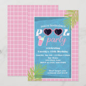 Tropische Helder Roze Retro Pool Party Verjaardag Kaart (Voorkant / Achterkant)