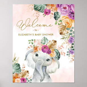 Tropische Herfst Bloem Elephant Baby Shower Welkom Poster