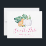 Tropische Herfst Sla de datum op Save The Date<br><div class="desc">kondig uw meisje baby shower met mijn tropisch sparen de datumuitnodigingen aan met de woorden sparen Onze Datum in een trendy stijl van de manuscripttypografie die de blik van hand het schrijven oproept. Deze eenvoudige kaart bevat een replica van mijn oorspronkelijke waterverf rode vos met monstera-bladeren en witte pompoen met...</div>