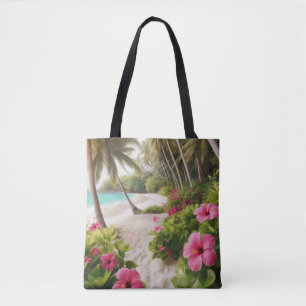 Tropische hete roze hibiscusbloemen op zandstrand tote bag