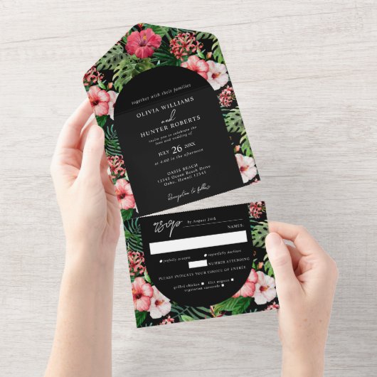 Tropische Hibiscus Arch Weddenschap Black All In One Uitnodiging (Afscheurbaar)