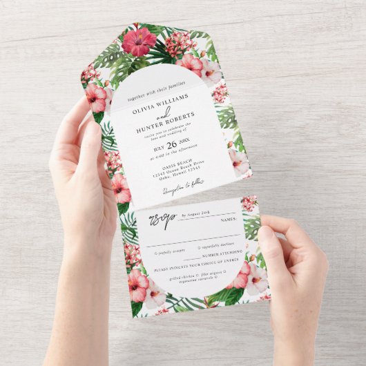 Tropische Hibiscus Arch Wedding All In One Uitnodiging (Afscheurbaar)