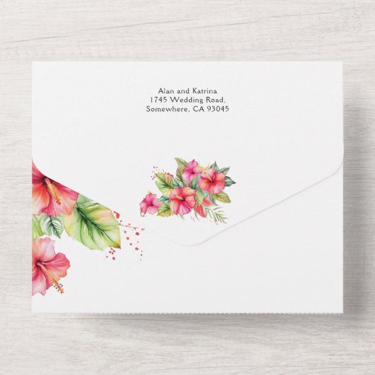 Tropische Hibiscus Beach Alles in één bruiloft Uit All In One Uitnodiging (Achterkant)