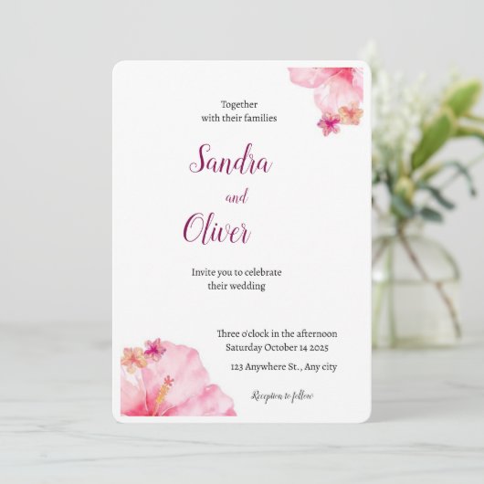 Tropische Hibiscus Beach bruiloft uitnodiging (Staand voorkant)