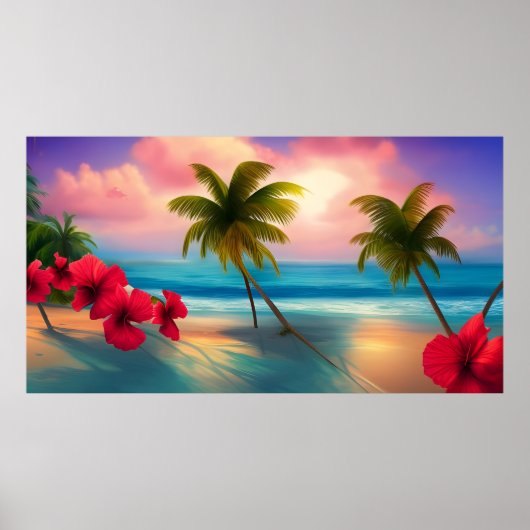 Tropische hibiscus Beach moonlight oceaanpalmen Poster (Voorkant)